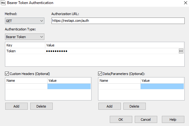 Selecting Bearer Token as your Authentication Type will require the Token field to be completed.